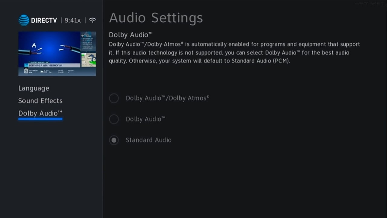 DIRECTV - Menu nastavení a nastavení audia