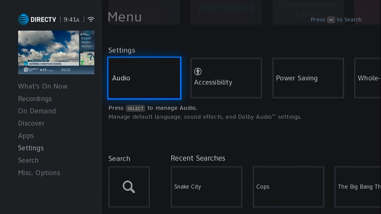 DIRECTV - Menu nastavení a nastavení audia
