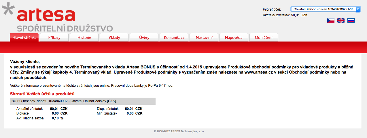 Artesa, spořitelní družstvo. Internetové bankovnictví