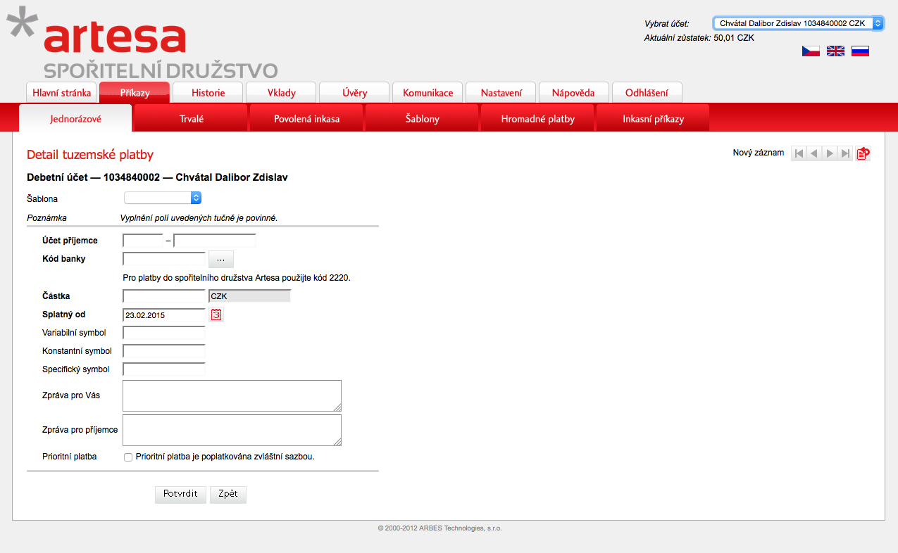 Artesa, spořitelní družstvo. Internetové bankovnictví