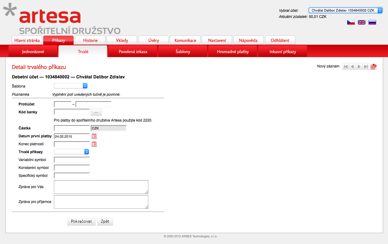 Artesa, spořitelní družstvo. Internetové bankovnictví
