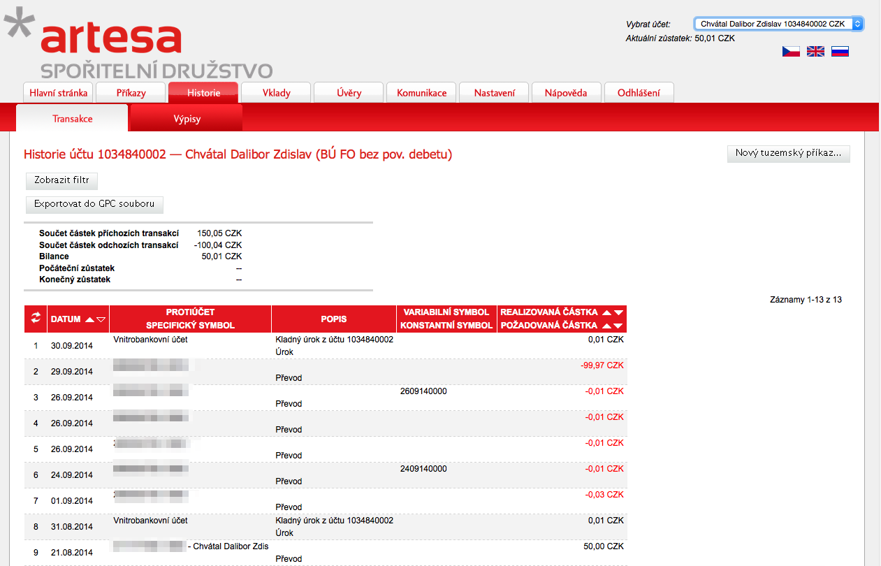 Artesa, spořitelní družstvo. Internetové bankovnictví