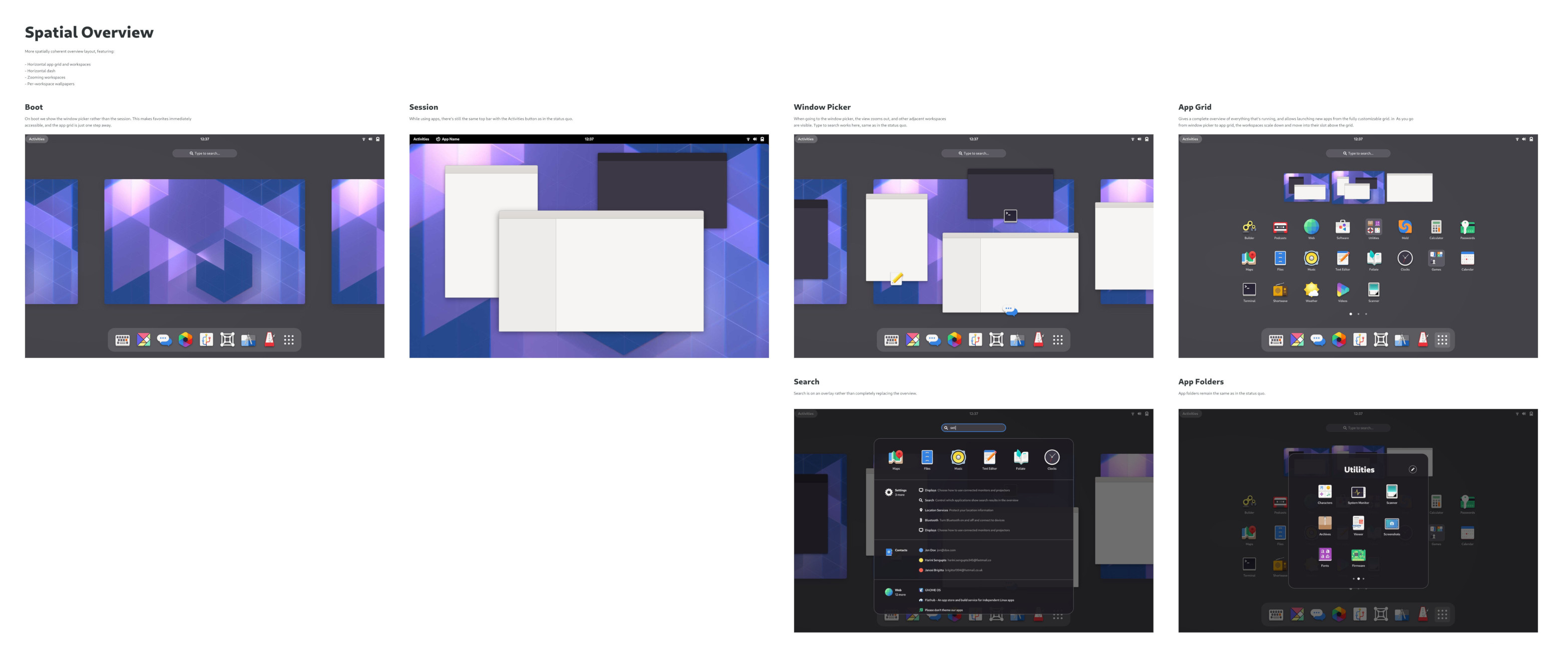 GNOME 40 vodorovné uspořádání