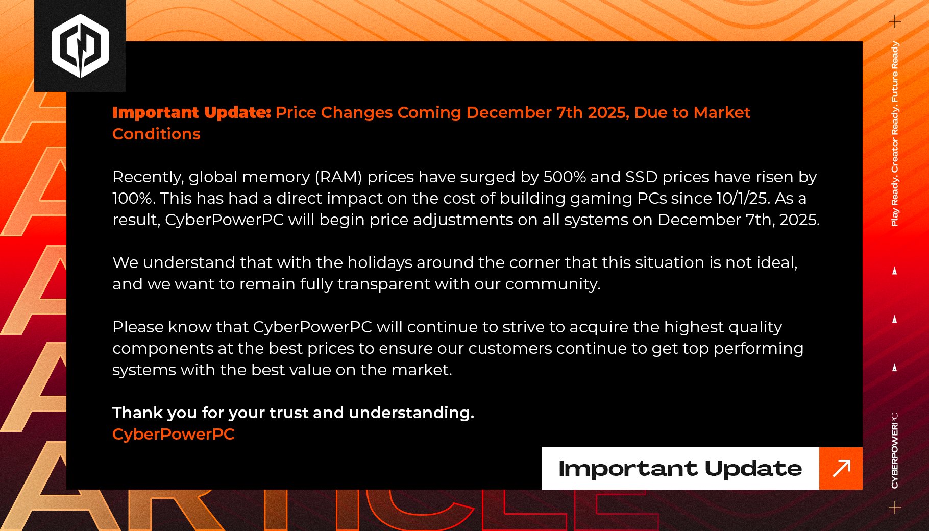 CyberPowerPC varuje před zdražením pamětí a SSD