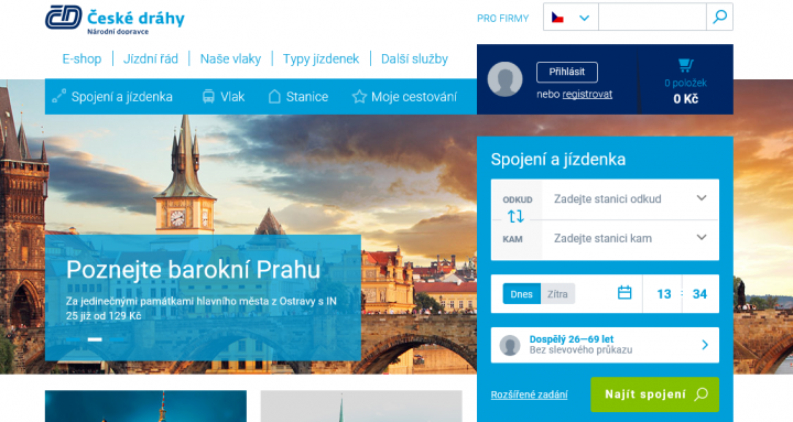 Registrace na web Českých drah.