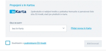 Propojování služby ČD Kredit s In Kartou. Pokud In Kartu nevlastníte, jednoduše zaškrtnete "bez In Karty" a pokračujete dál.