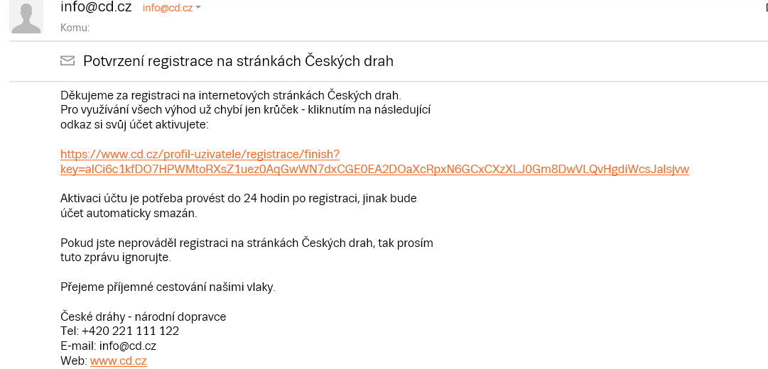 Dokončení registrace na web Českých drah.