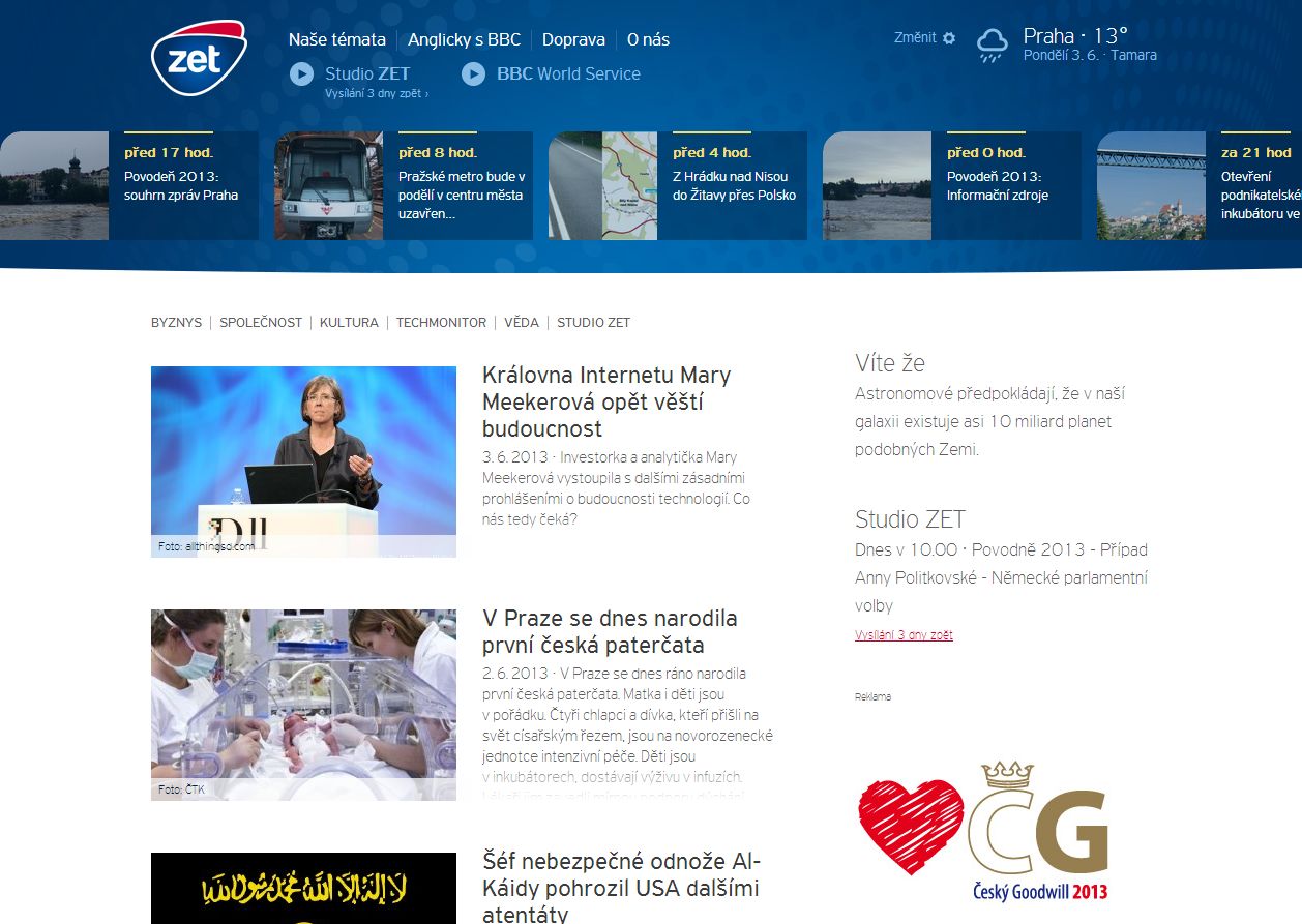 Úvodní stránka zpravodajského portálu Zet.cz