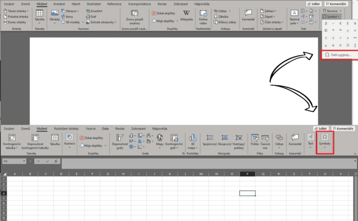 Vložení symbolů v Microsoft Word a Excel