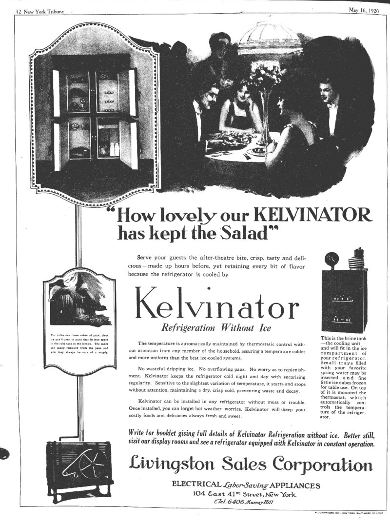 Novinová reklama na ledničku Kelvinator z roku 1920.