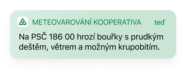 Digitální aplikace varuje pojištěnce Kooperativy před nepříznovým počasím. Data poskytuje Meteopress. (09/2021)