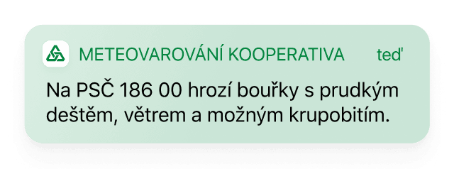 Digitální aplikace varuje pojištěnce Kooperativy před nepříznovým počasím. Data poskytuje Meteopress. (09/2021)
