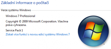 <p>Ukázka informací o systém po úspěšné instalaci SP1</p>