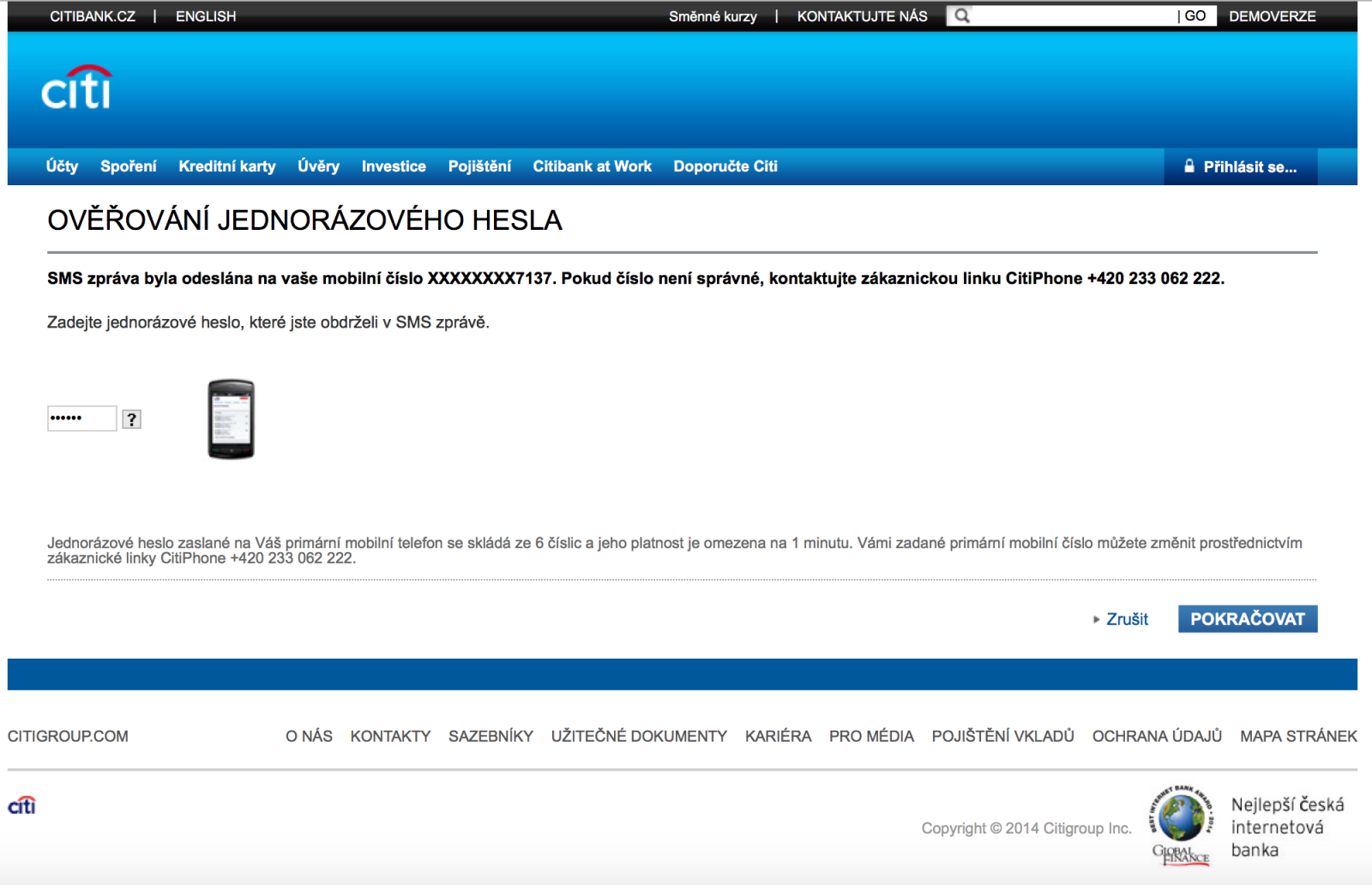 Zaslání autentizační SMS pro přihlášení.