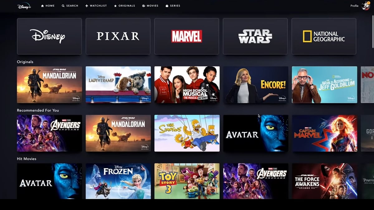 Sekce na hlavní straně Disney+