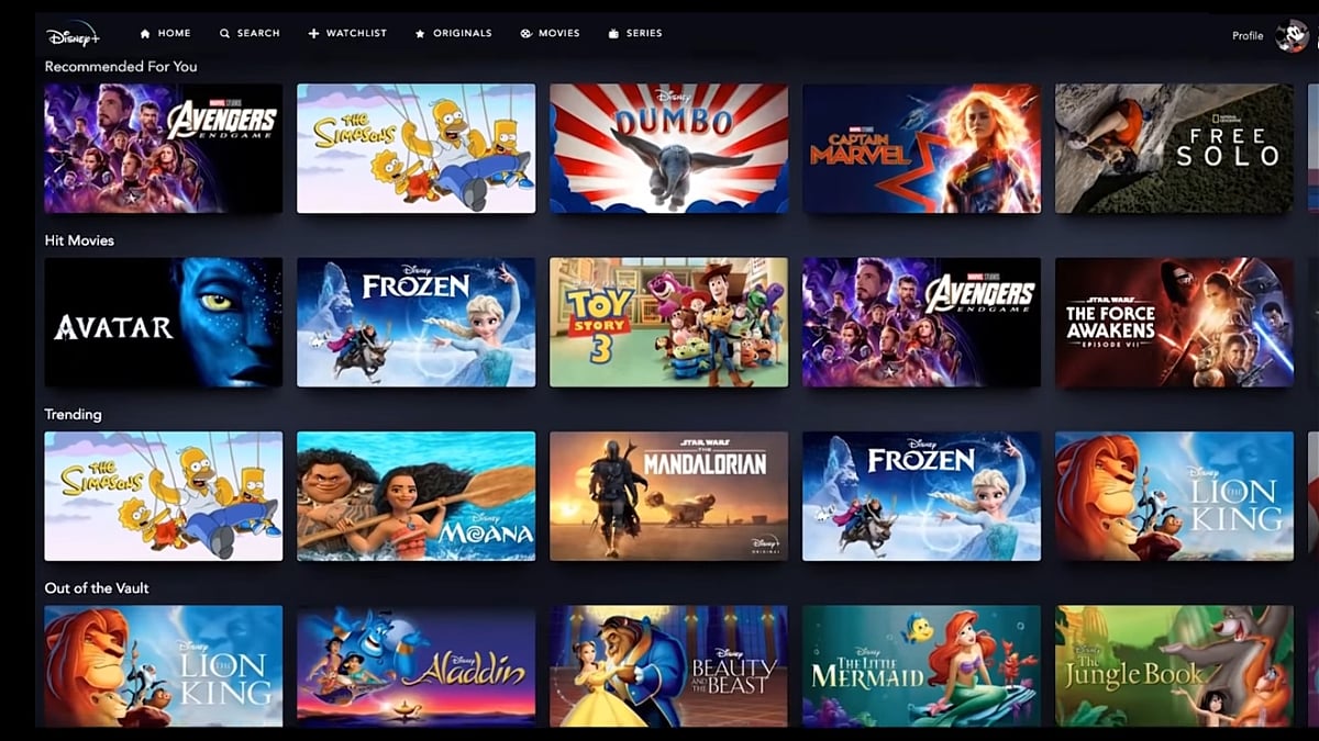 Sekce na hlavní straně Disney+