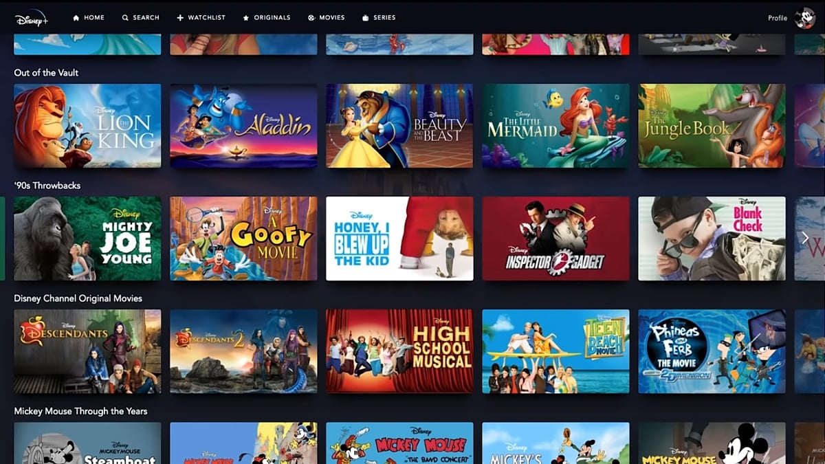 Sekce na hlavní straně Disney+