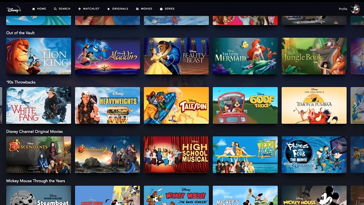 Sekce na hlavní straně Disney+