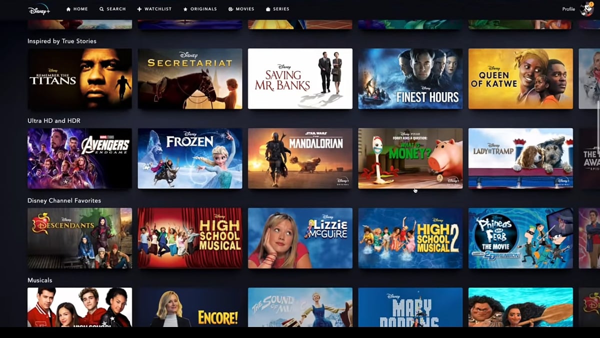 Sekce na hlavní straně Disney+