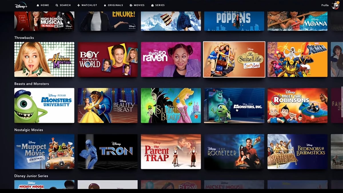 Sekce na hlavní straně Disney+