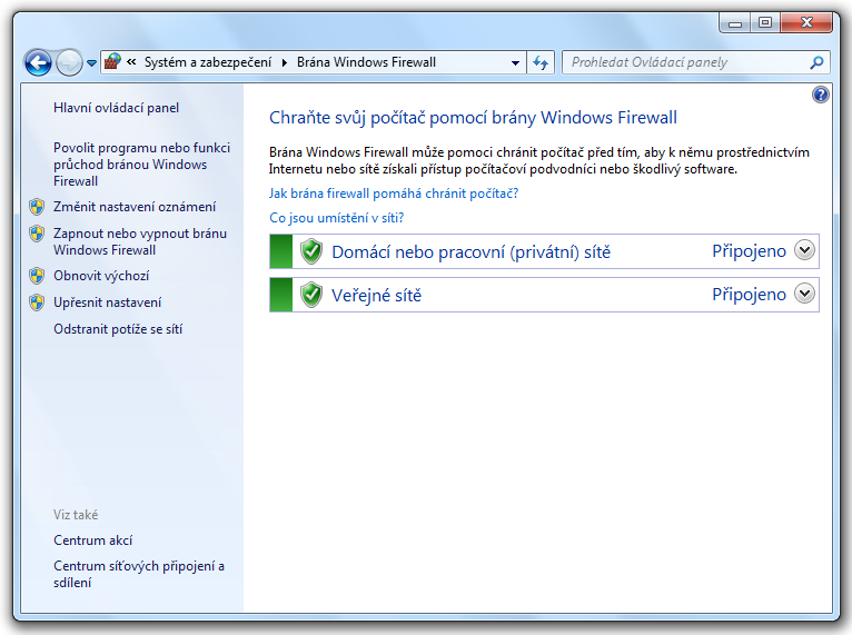<p>Základní zobrazení pro nastavení Windows Firewall</p>