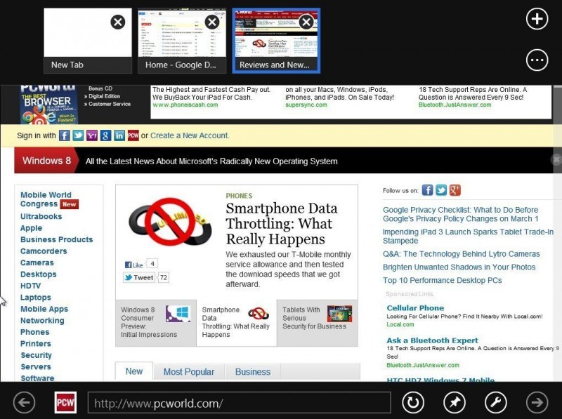 Metro Internet Explorer umisťuje panel pro vkládání adresy URL a základní prvky pro ovládání prohlížeče do spodní části obrazovky