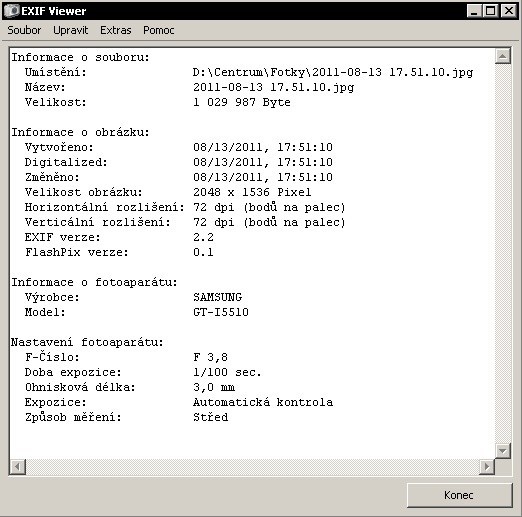 EXIF Viewer vytáhne EXIF informace z JPEGu