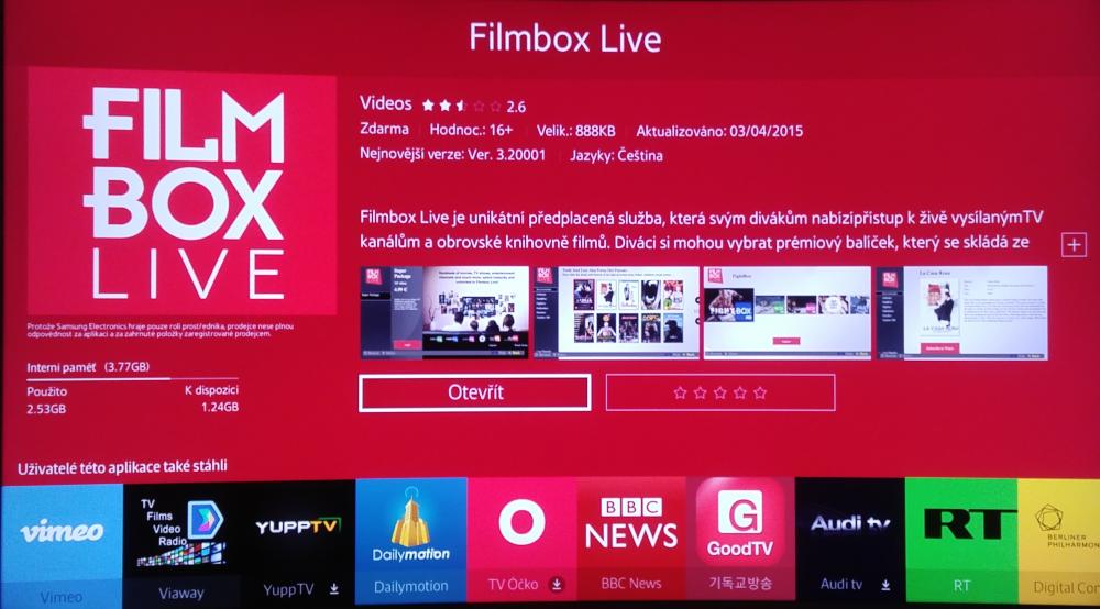 Filmbox pracoval na televizoru Samsung UE55JS9002T (SUHD) pod operačním systémem Tizen bezproblémově.
