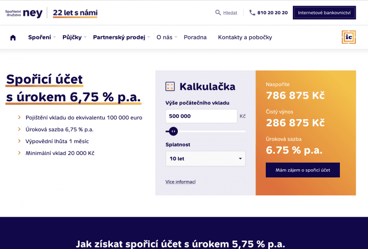 Původní akční nabídka na 6,75 % p.a. vydržela jen jeden den, a to 11. 7. 2022. Ve spodní části webu je už původní a vlastně aktuální úroková sazba.