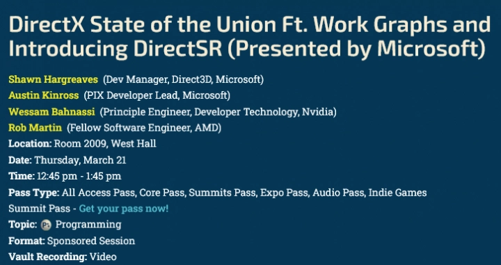 Prezentace DirectX State of the Union Ft. Work Graphs and Introducing DirectSR v programu GDC 2024