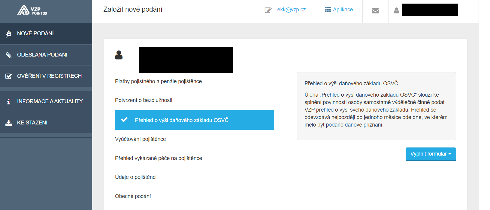 VZP Point - podání