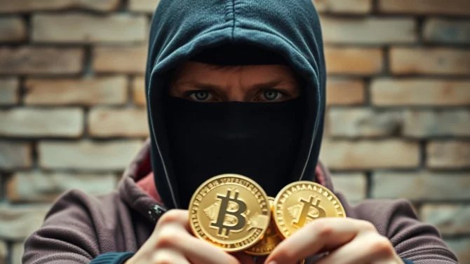 Zloděj v masce krade kryptoměnu Bitcoin