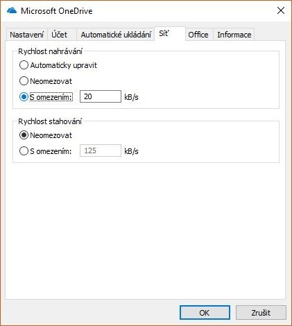 Omezení rychlosti nahrávání v aplikaci OneDrive ve Windows 10