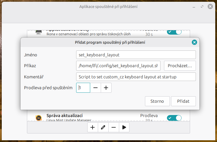 Dialog příkazu pro spuštění po přihlášení (součást cinnamon-settings)