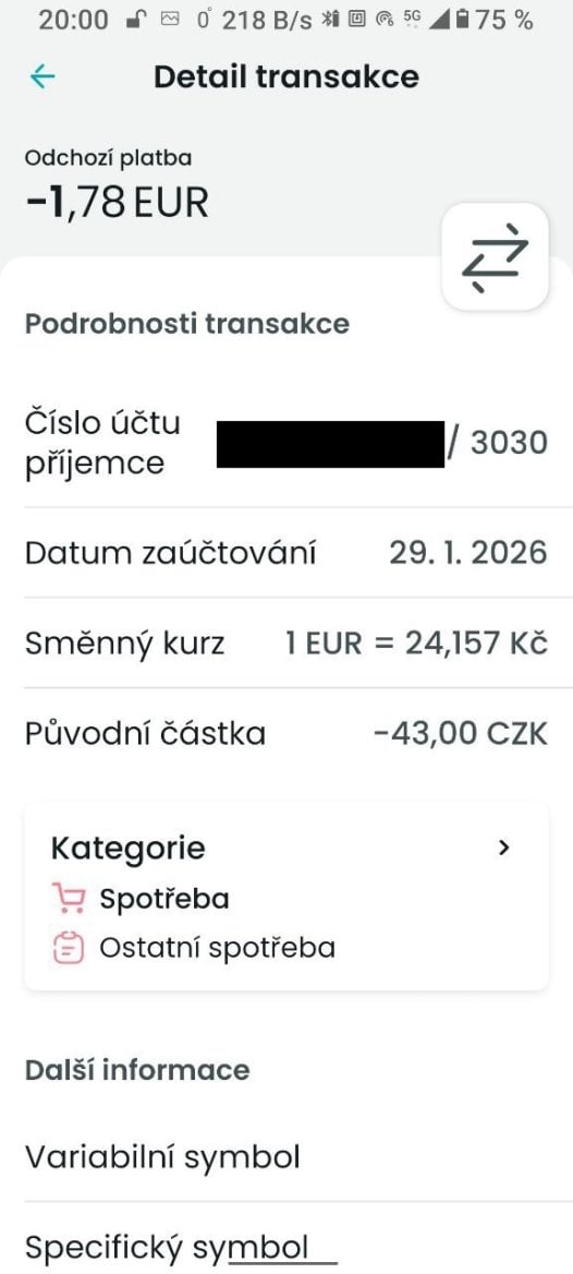 Partners Banka. Tuzemskou platbu v CZK můžete odeslat i z jiné měnové složky, v tomto příkladu v PLN. Pozor, platba odejde v režimu D+1, ne jako okamžitá. Minimem je 43 Kč. (01. 02. 2026)