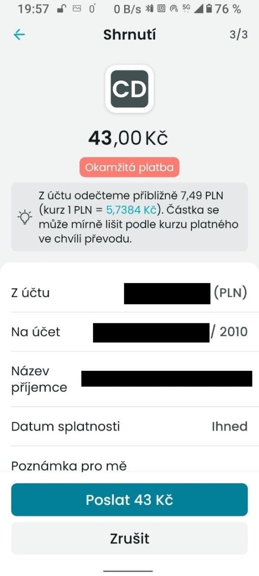 Partners Banka. Tuzemskou platbu v CZK můžete odeslat i z jiné měnové složky, v tomto příkladu v PLN. Pozor, platba odejde v režimu D+1, ne jako okamžitá. Minimem je 43 Kč. (01. 02. 2026)
