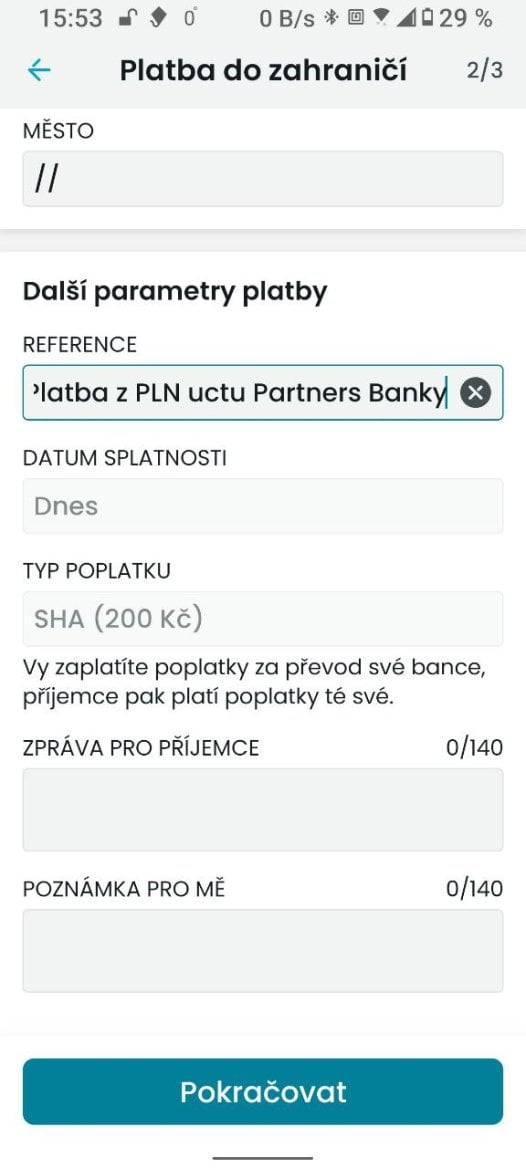 Partners Banka. Zadání zahraniční platby v PLN. (01. 02. 2026)