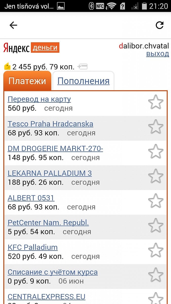 Historie transakcí pomocí upravené mobilní verze webového rozhraní.