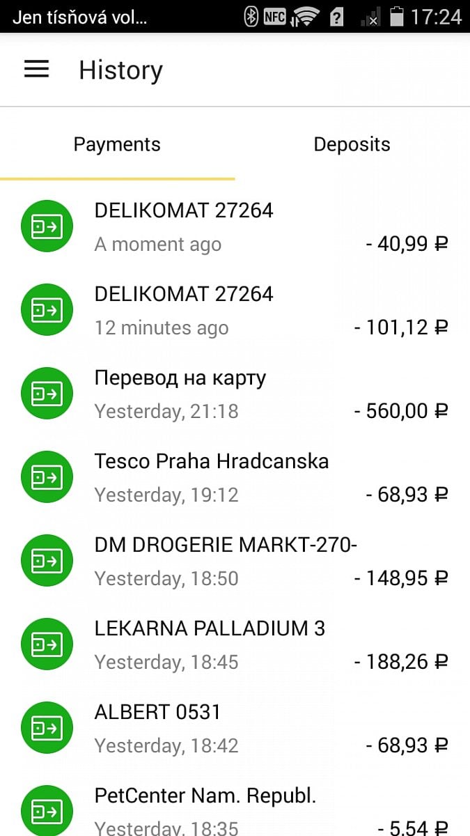 Historie transakcí v aplikaci Yandex Money pro Android.