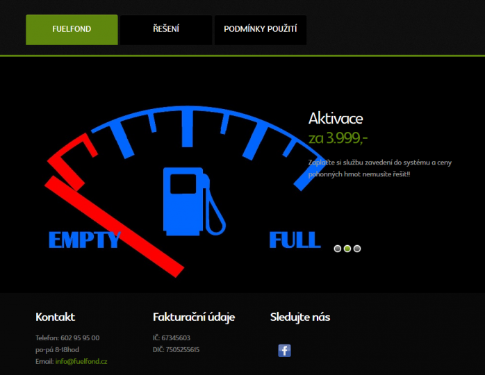Webová stránka Fuel Fond.cz lákající na výhodu levného paliva za aktivační poplatek 3999 Kč.