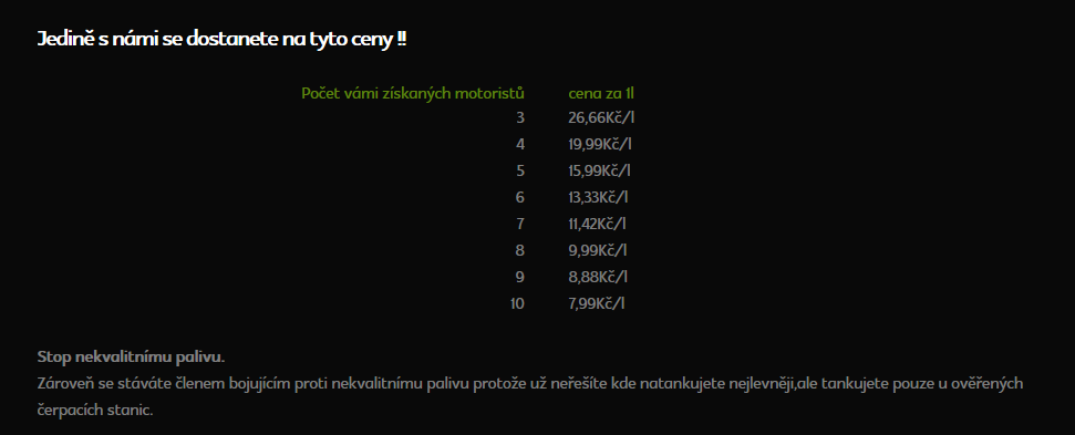 Webová stránka Fuel Fond.cz lákající na výhodu levného paliva za aktivační poplatek 3999 Kč.