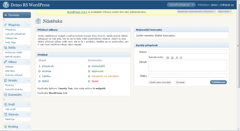 <p>Také WordPress si můžete vyzkoušet na www.cwordpress.cz/wordpress-demo</p>
