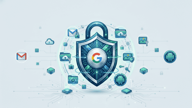 Moderní digitální bezpečnostní ilustrace znázorňující centrální modrý štít se zámkem, který chrání logo Google. Kolem štítu jsou ikony služeb Gmail, Google Disk, Google Fotky a Android, což symbolizuje robustní a vrstvené zabezpečení citlivých osobních dat v rámci Google účtu.