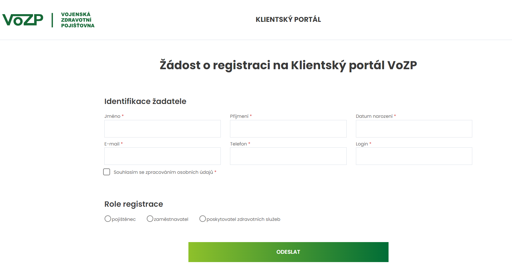 Žádost o registraci na Klientský portál VoZP