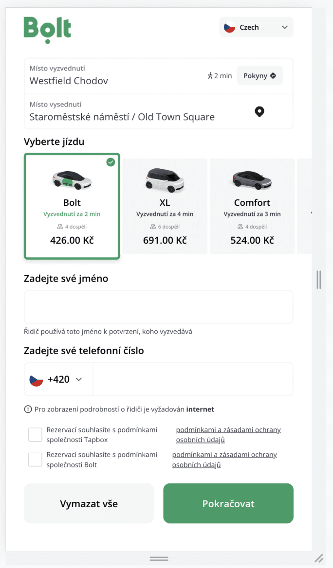 Proces objednávky na kiosku Bolt