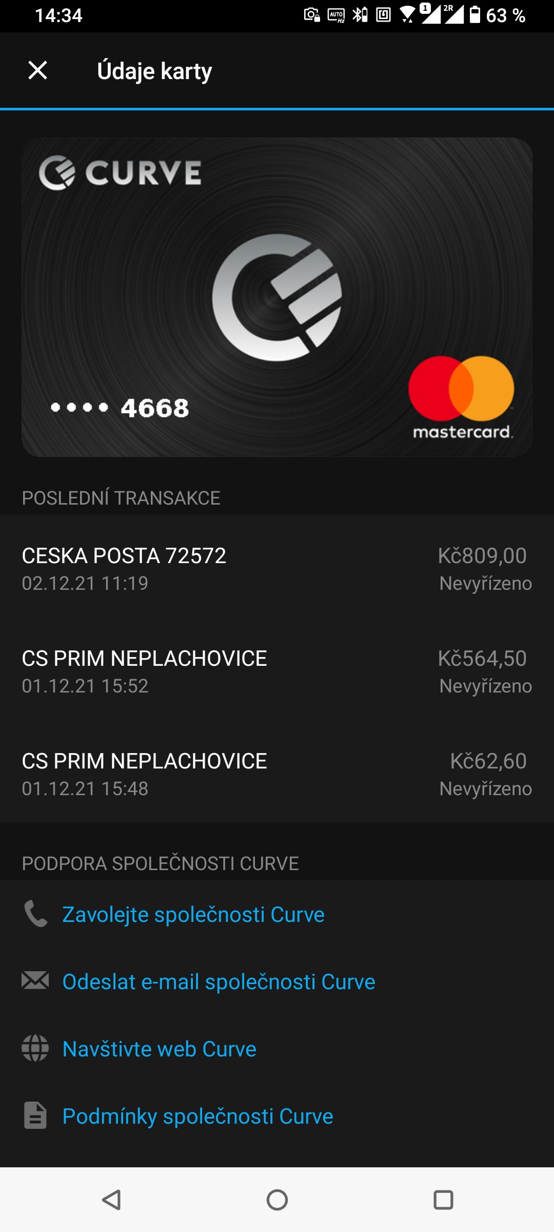 Transakční historie Garmin Pay v aplikaci Garmin Connect. Příklad debetní karty Curve Mastercard Business. (1. 12. 2021, Asus ZenFone 7 Pro)