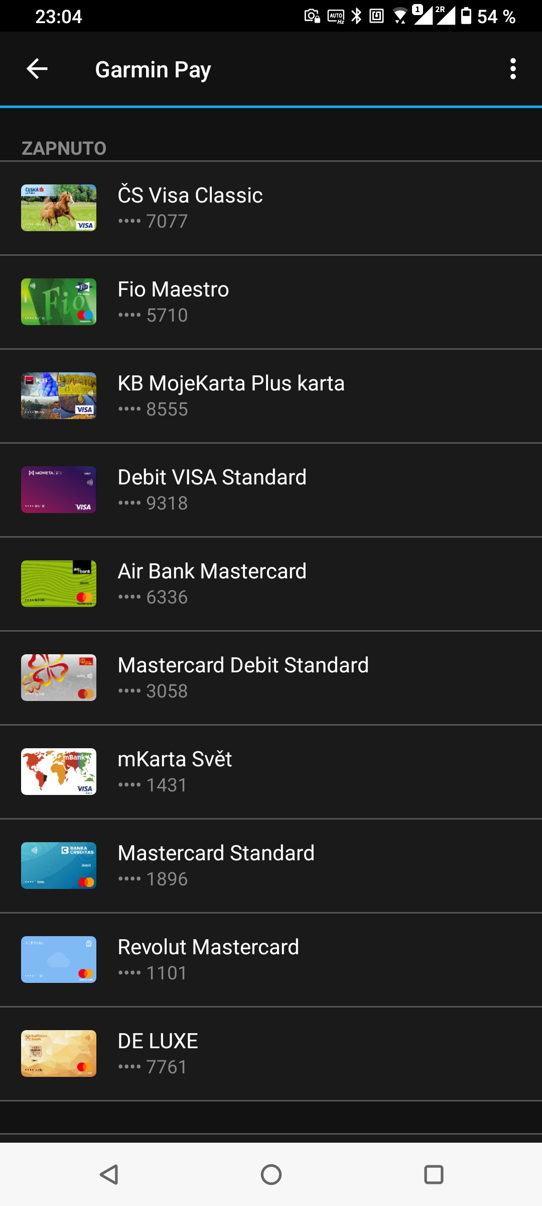Garmin Pay, všechny karty v aplikaci pohromadě. (1. 12. 2021, Asus ZenFone 7 Pro)