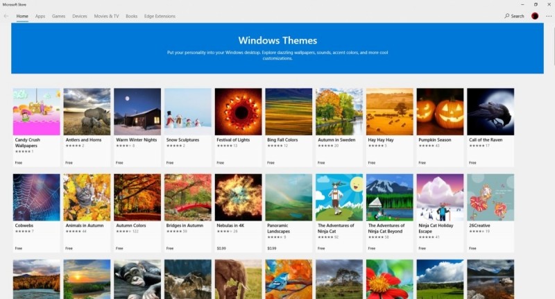 Pokud jste fanoušek do fotografií, pak určitě budete spokojen s obsahem části vyhrazené v Microsoft Store motivům. Jeden tip pro vás: Ke zmiňovaným motivům se dostanete pouze přes okno Nastavení. Přes hlavní aplikaci Store to aktuálně jednoduše nejde.