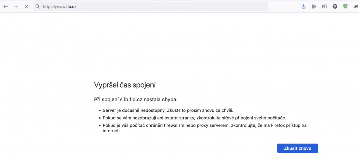 Nefunční web Fio banky. 30. 8. 2023, 10:00 hod.