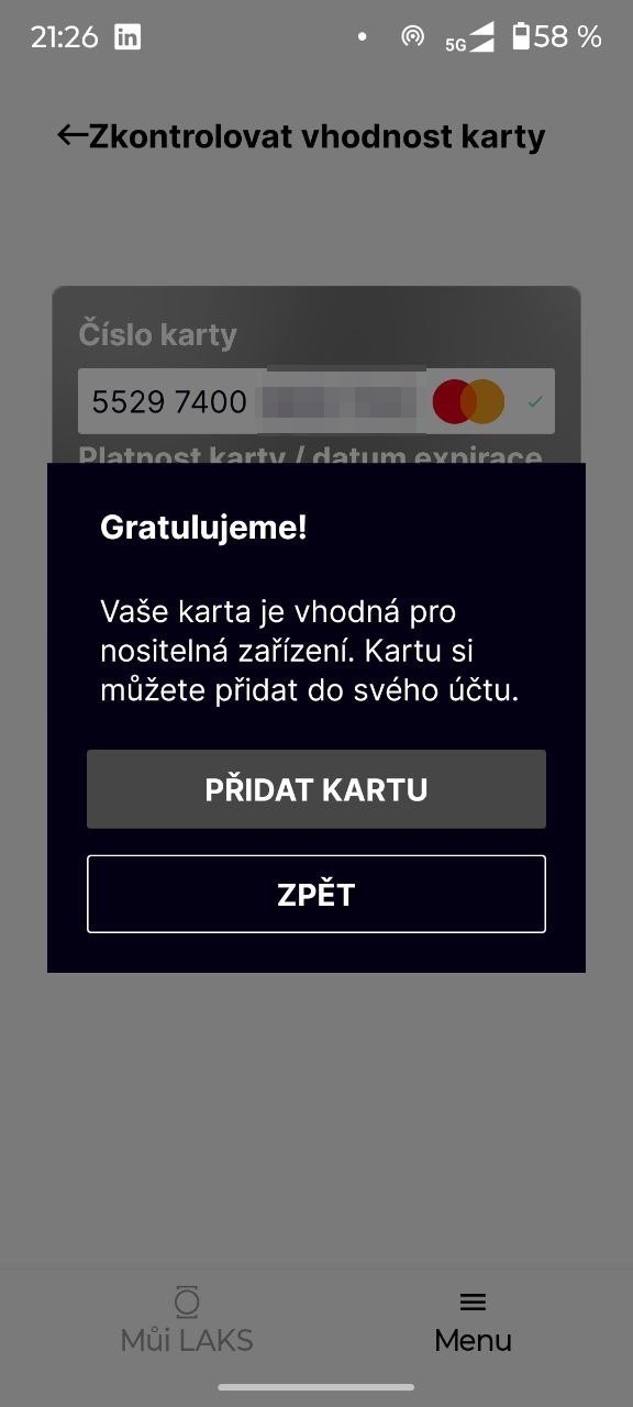 Podle aplikace LAKS Pay jsou podporované karty Mastercard od Komerční banky. Kartu Visa mi aplikace zamítla. (20. 10. 2025)